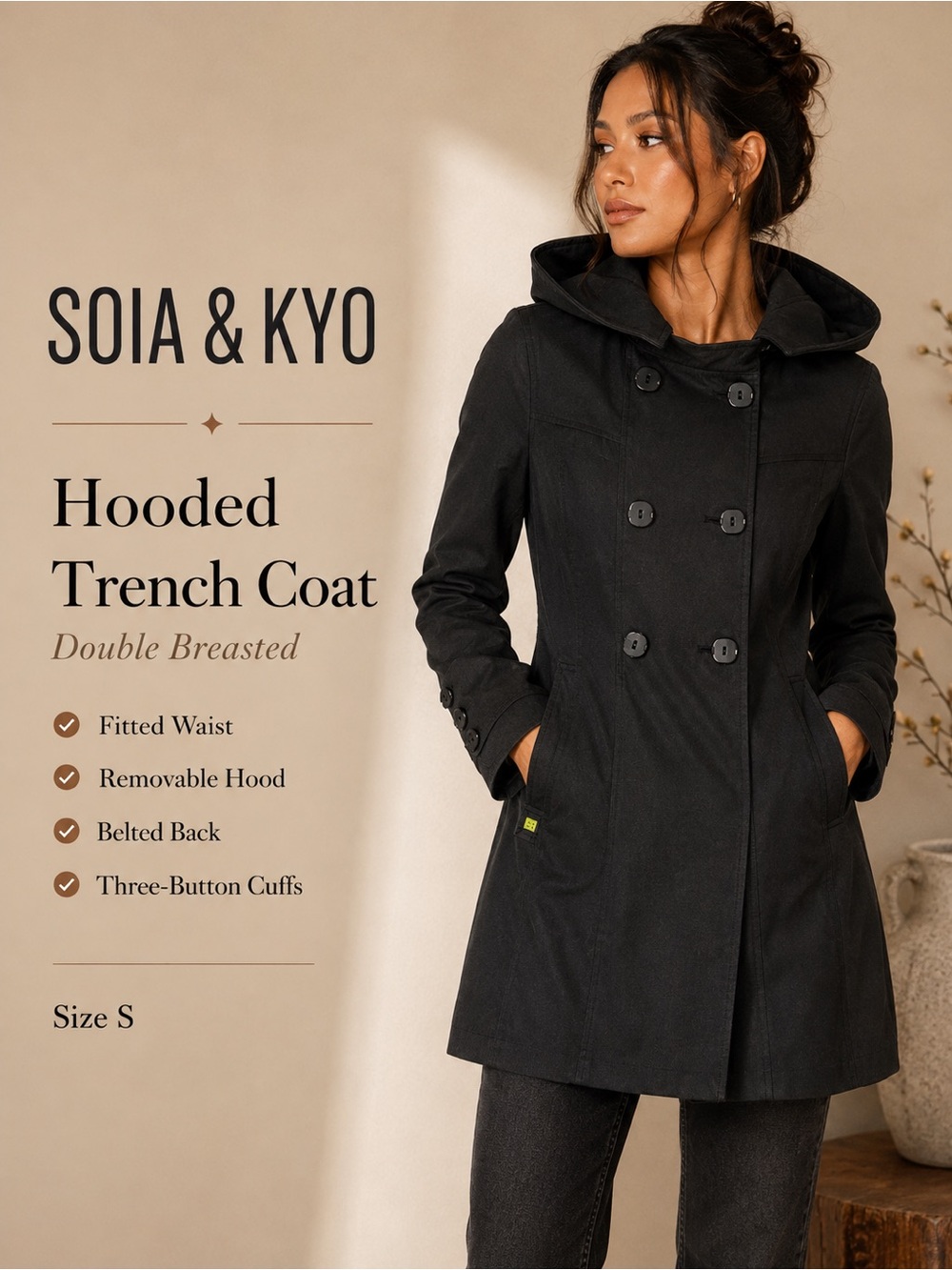 Soia & Kyo Hooded Double Breasted Trench Coat Black Size S